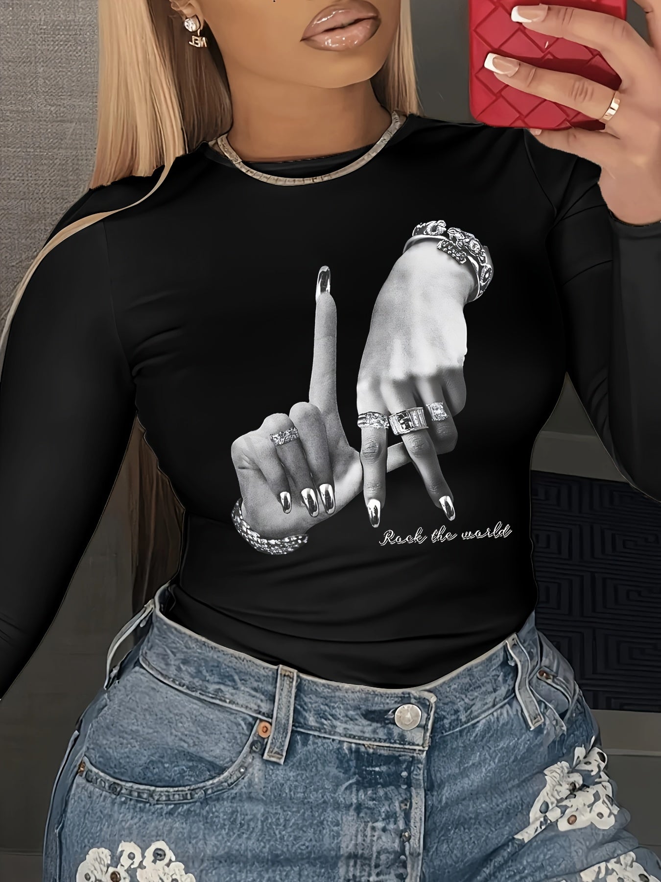 Y2K-Inspired Los Angeles Gesture Print Long Sleeve T-Shirt for Women - Stretchy Polyester & Spandex Blend, Machine Washable, Crew Neck
